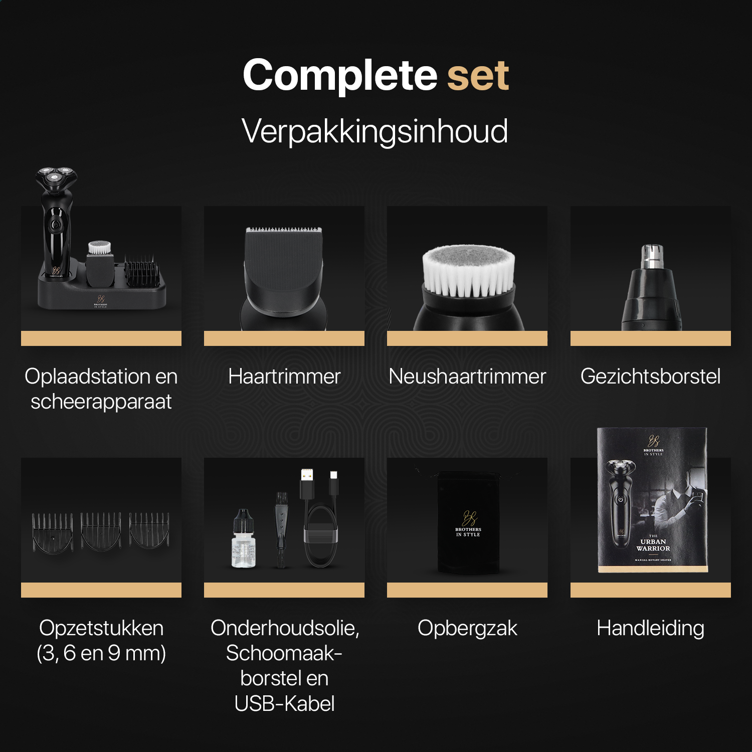 De complete verpakkingsinhoud van scheerapparaat