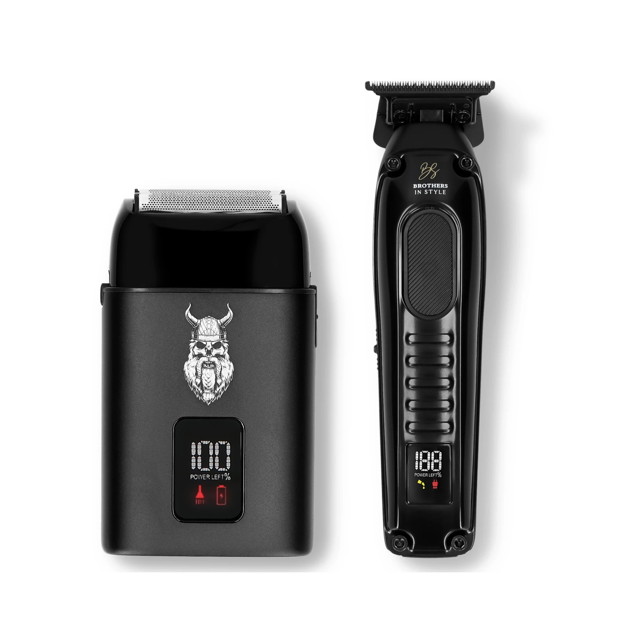 Baardtrimmer en foil shaver naast elkaar met digitaal display