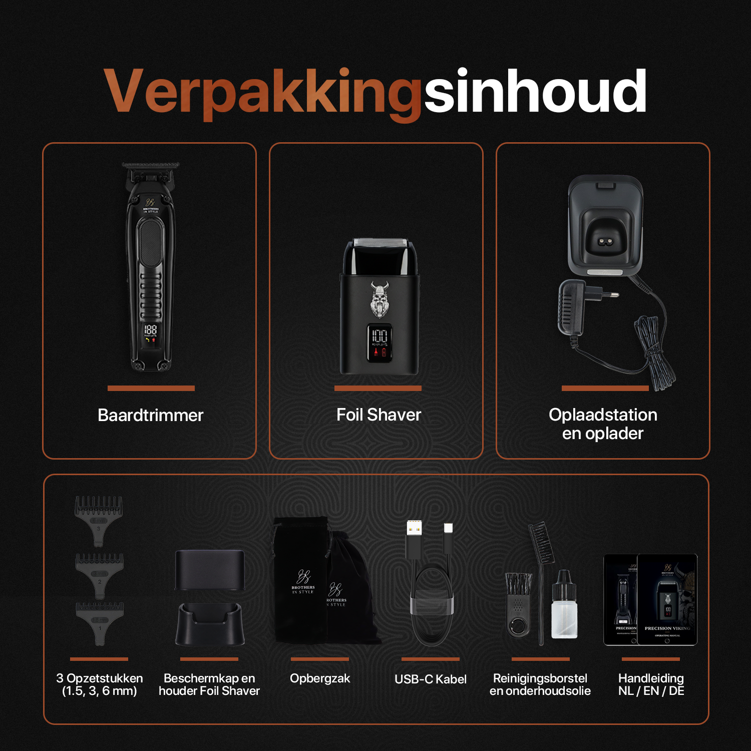 Beard Combo with beard trimmer, foil shaver, attachments, and accessories