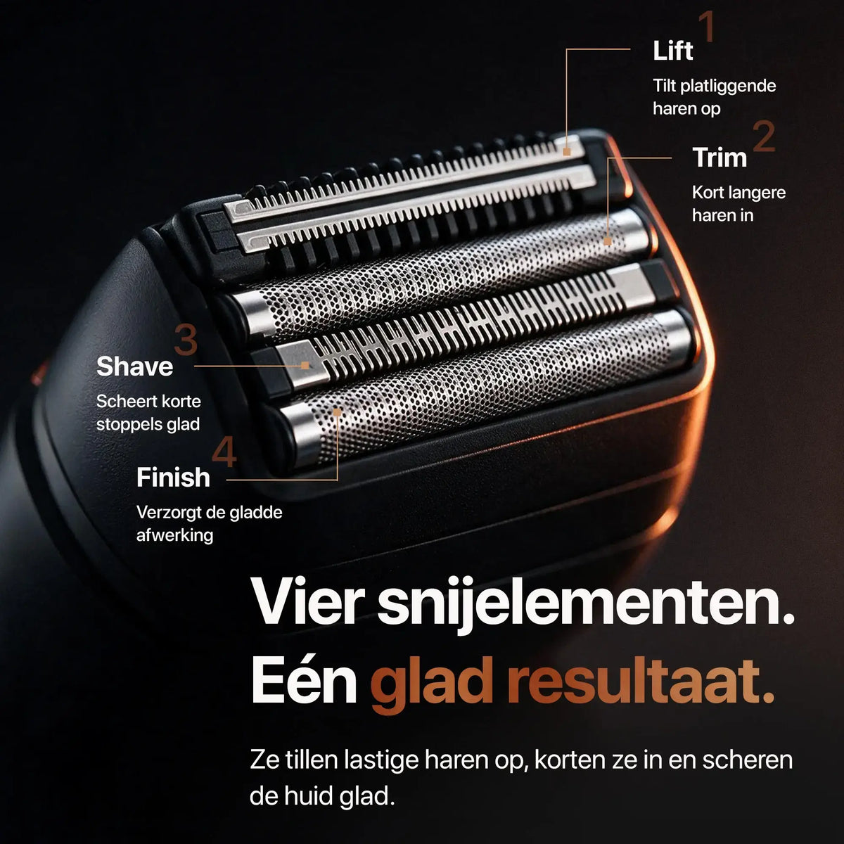 Foil shaver scheerkop met vier bladen: Lift, Trim, Shave en Finish
