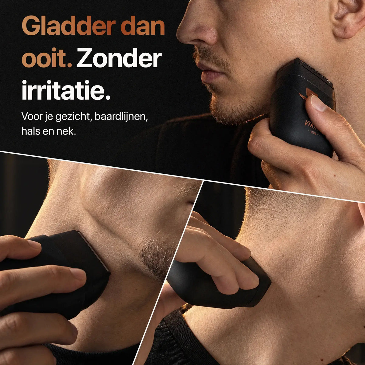 Man scheert gezicht, baardlijn, hals en nek glad met de Foil Shaver Mini
