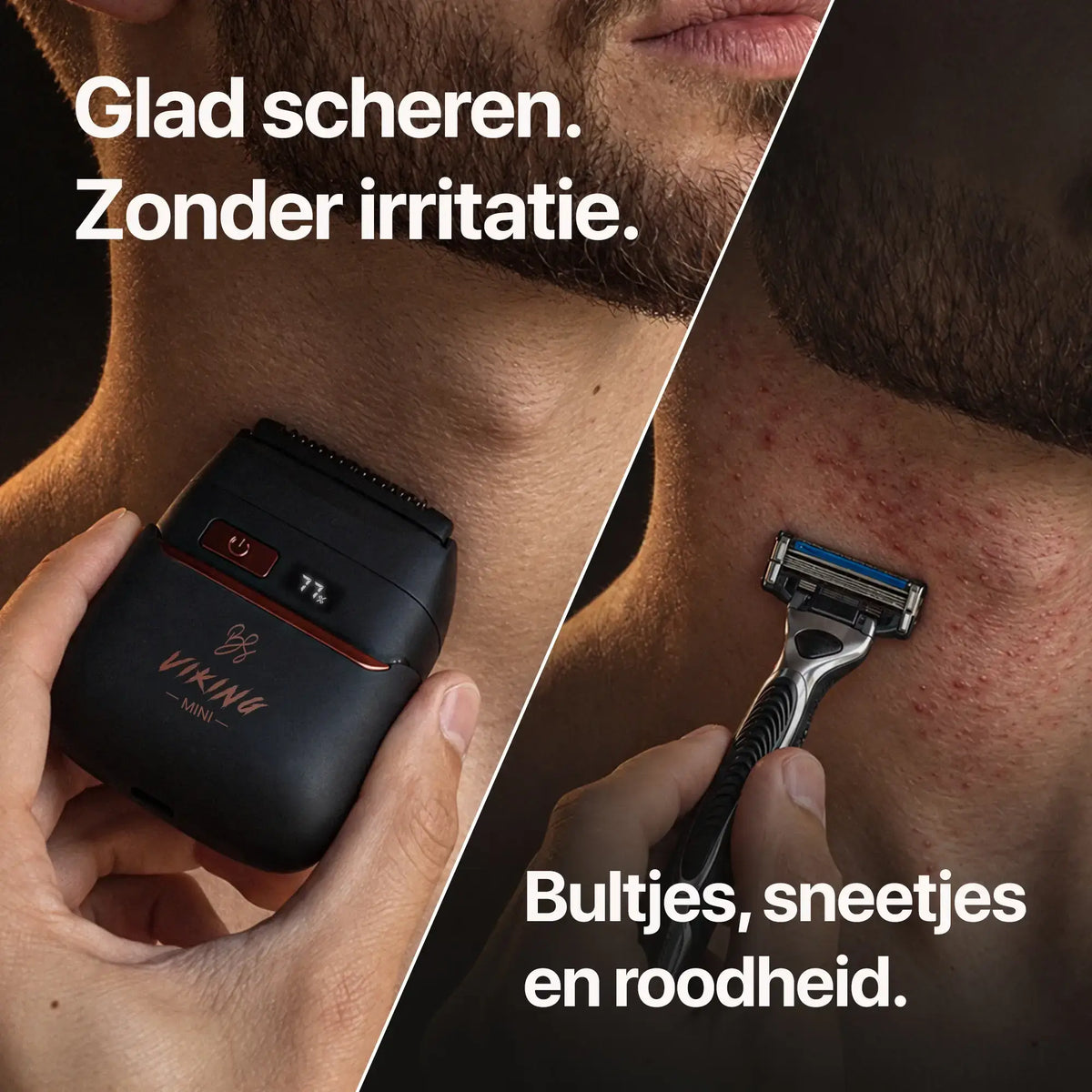 Foil Shaver Mini op de hals naast scheermesje met bultjes en roodheid