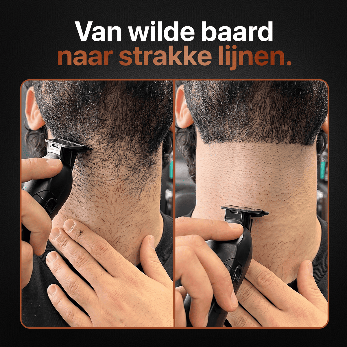 Baardtrimmer creëert een strakke neklijn bij een volle baard