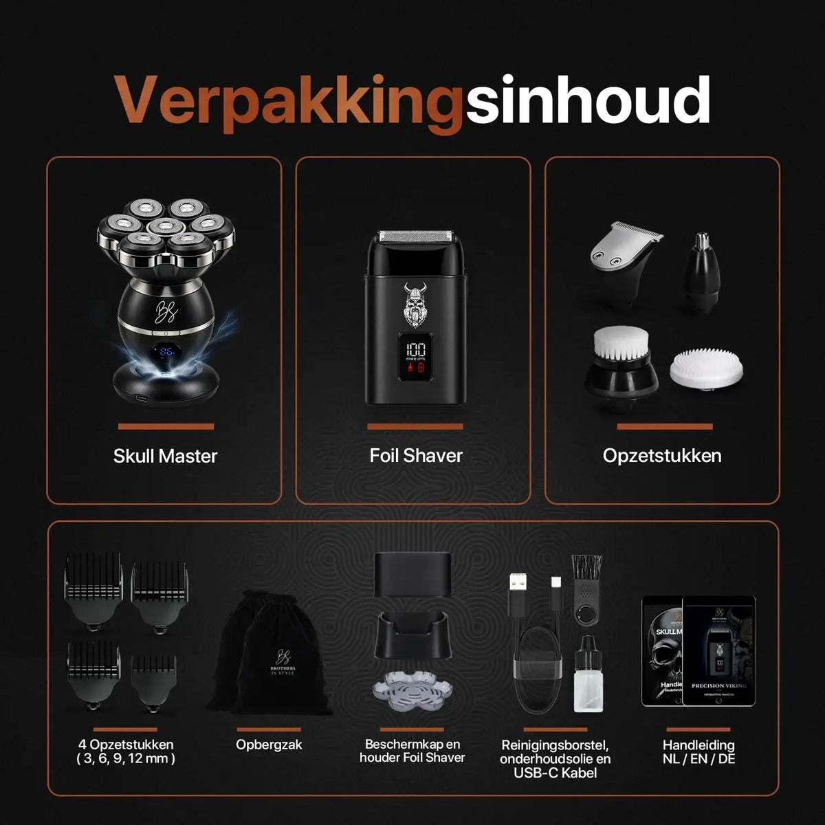 Skull Master en Foil Shaver met opzetstukken en accessoires