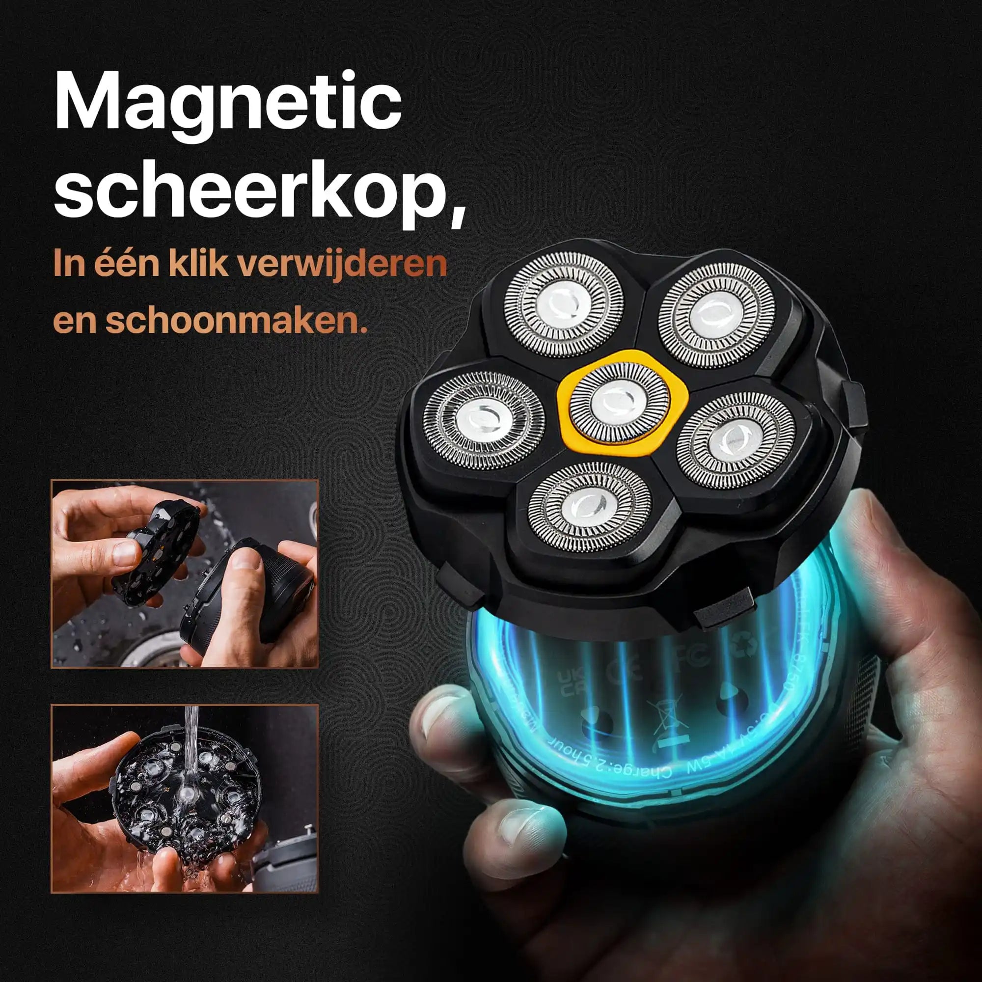 Magnetische scheerkop van Skull Master Mini wordt verwijderd en gereinigd