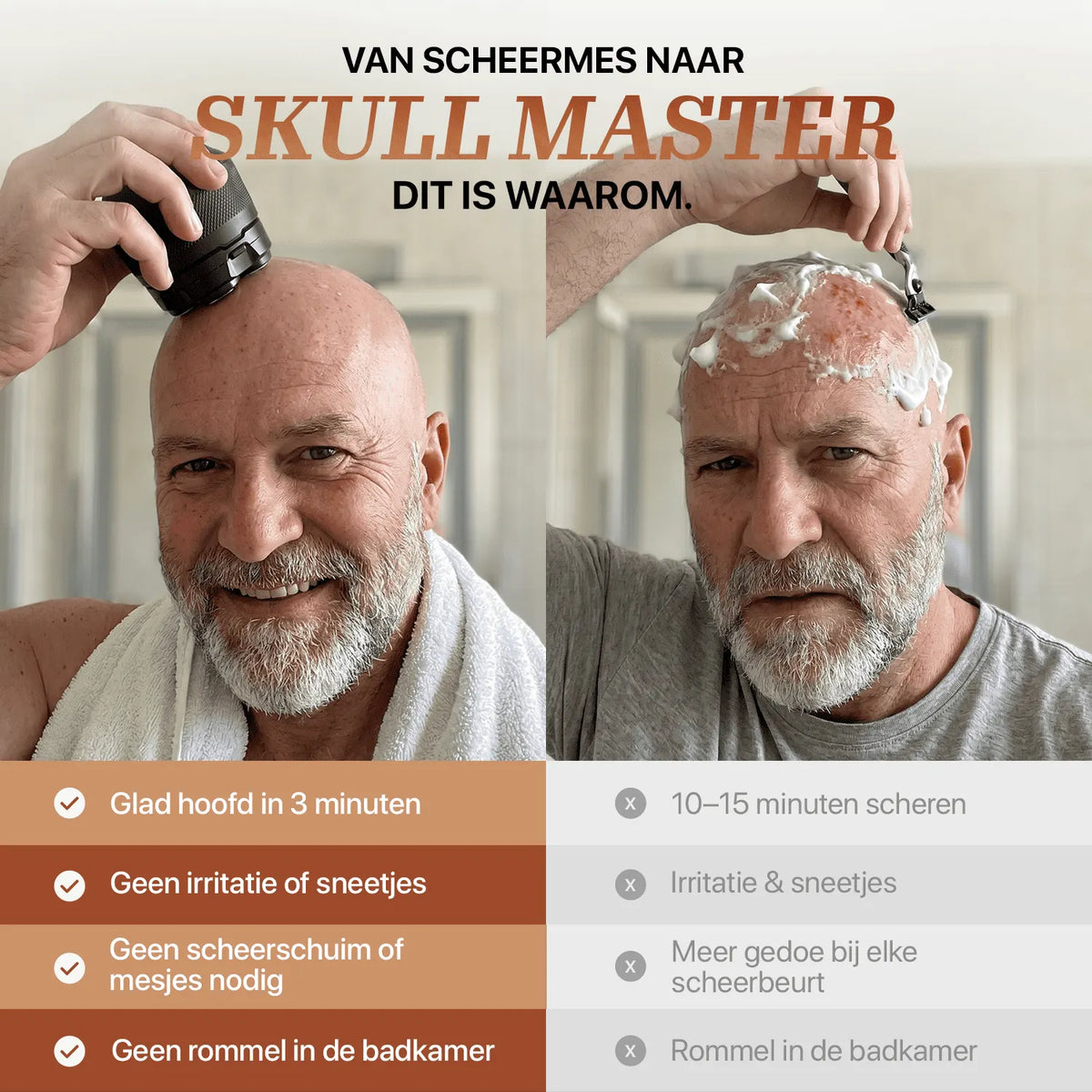 Skull Master Mini vergeleken met traditioneel scheermes voor hoofdscheren