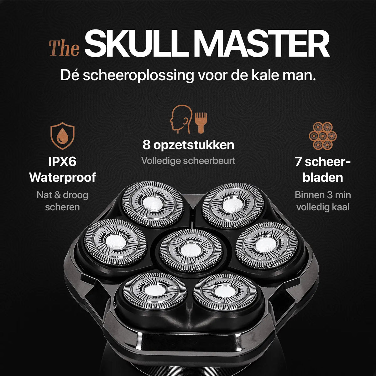 Skull Master Pro mit sieben rotierenden Scherköpfen für eine glatte Rasur