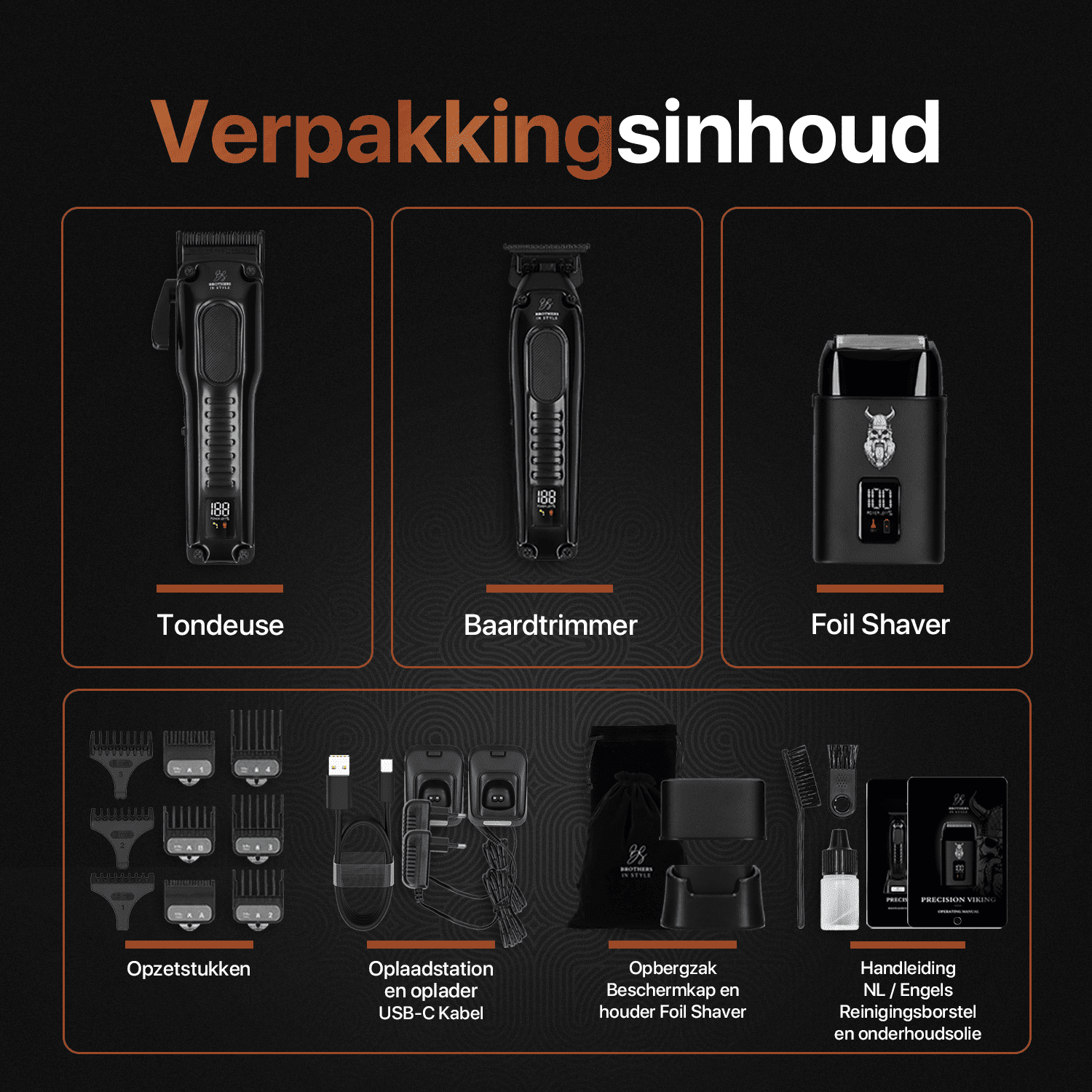Complete 3-in-1 set met tondeuse, baardtrimmer, foil shaver en accessoires
