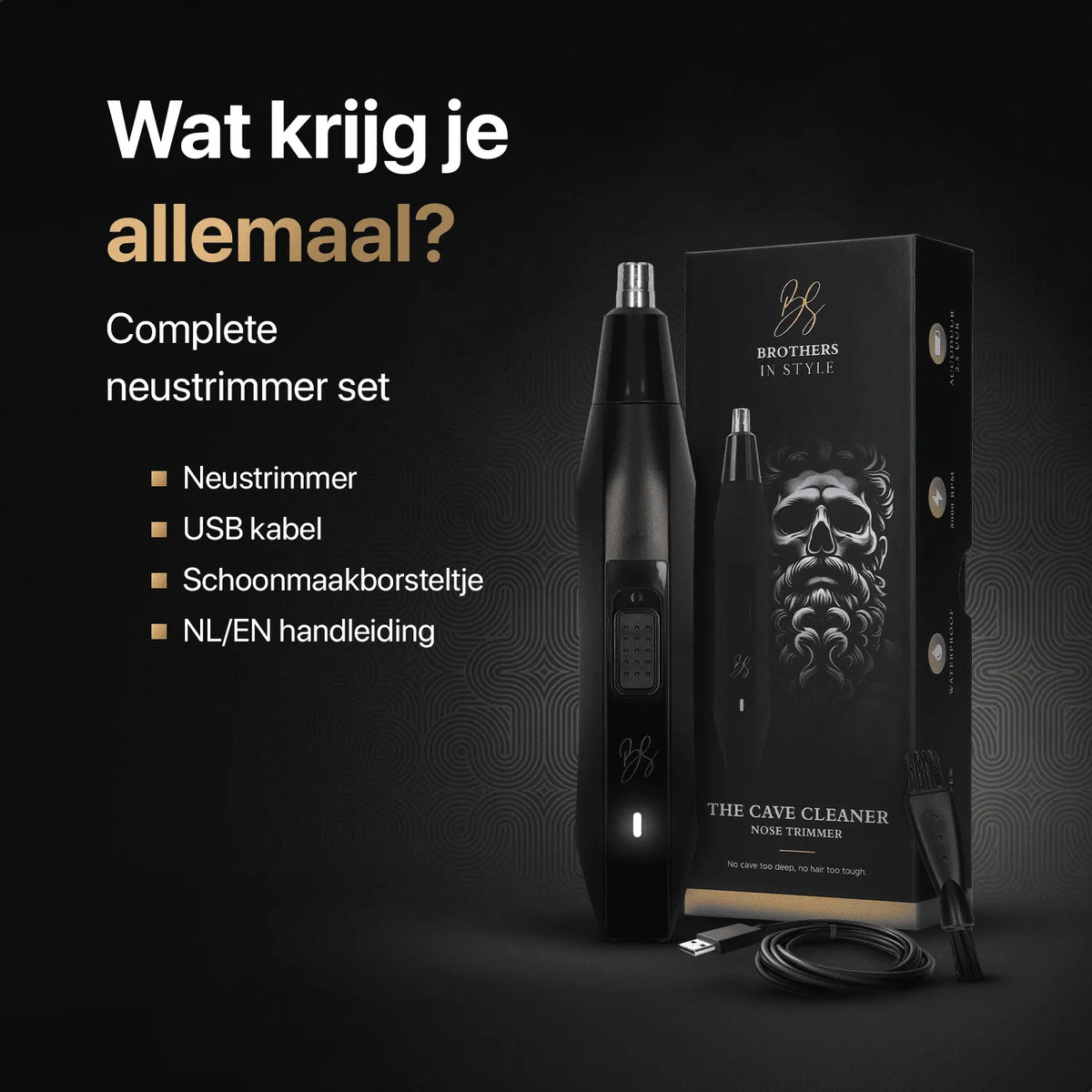 Complete neustrimmer set met USB-kabel, schoonmaakborstel en verpakking