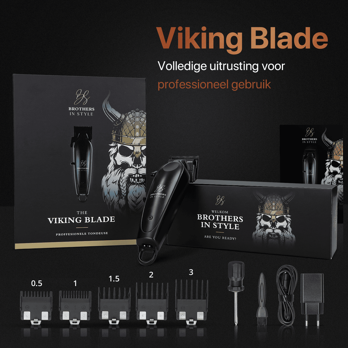 Viking Blade clipper with attachment combs, maintenance tools, and charging accessories.