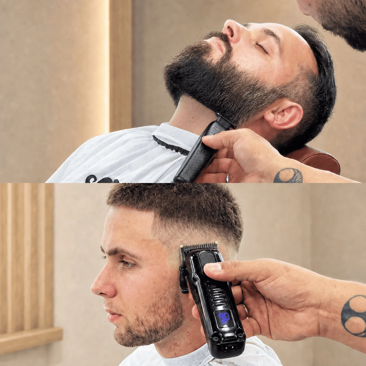 Barbier gebruikt tondeuse en baardtrimmer voor fade en baardcontouren