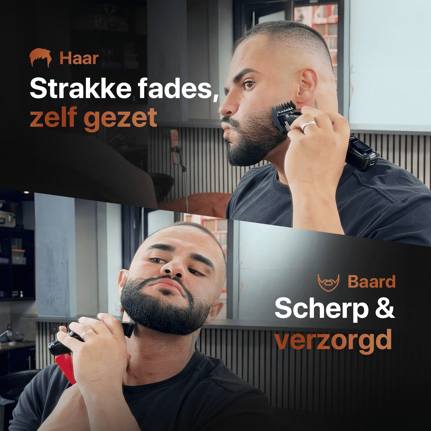 Mann macht selbst einen Fade und trimmt seinen Bart sauber.