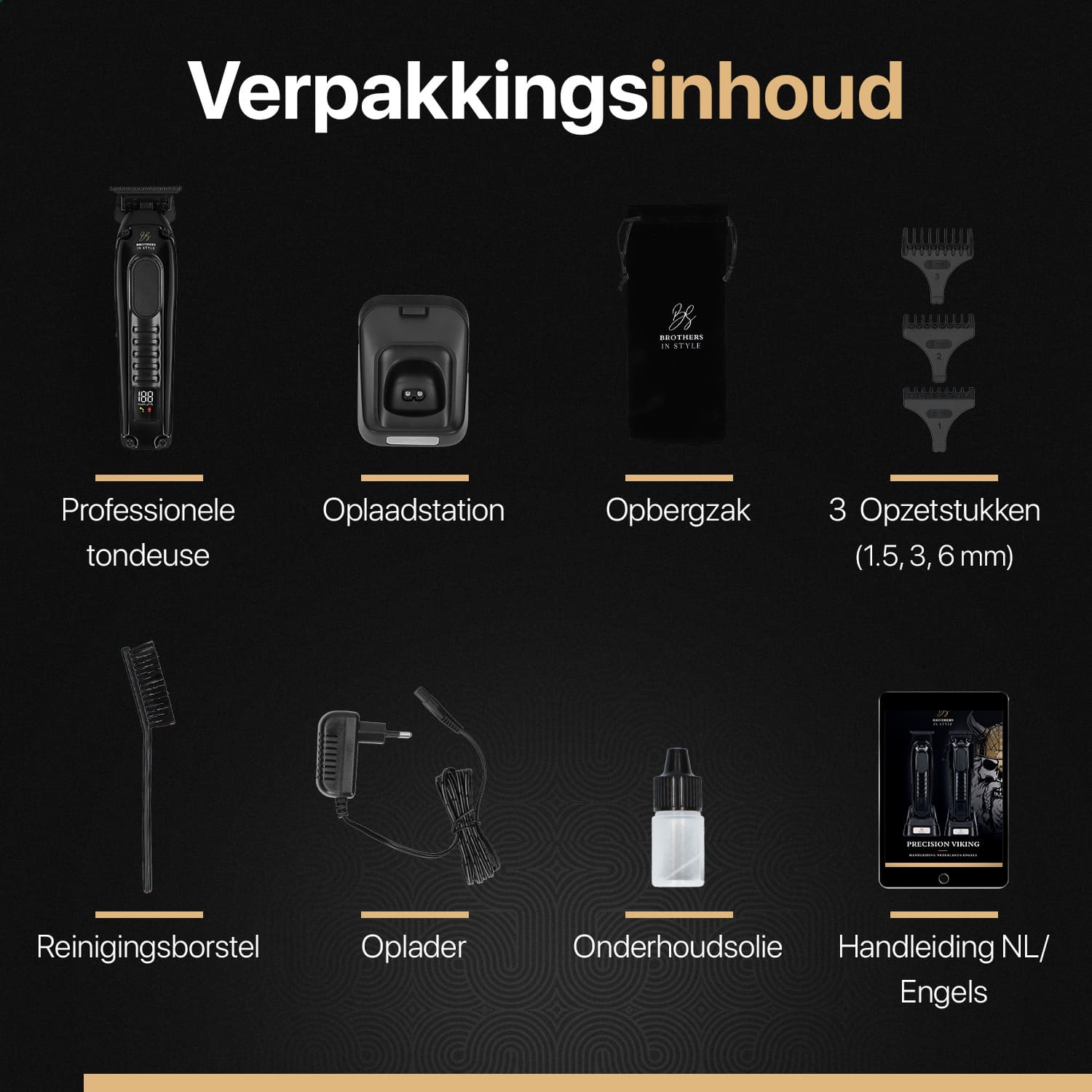 Verpakkingsinhoud van de draadloze baardtrimmer set met opzetstukken en accessoires