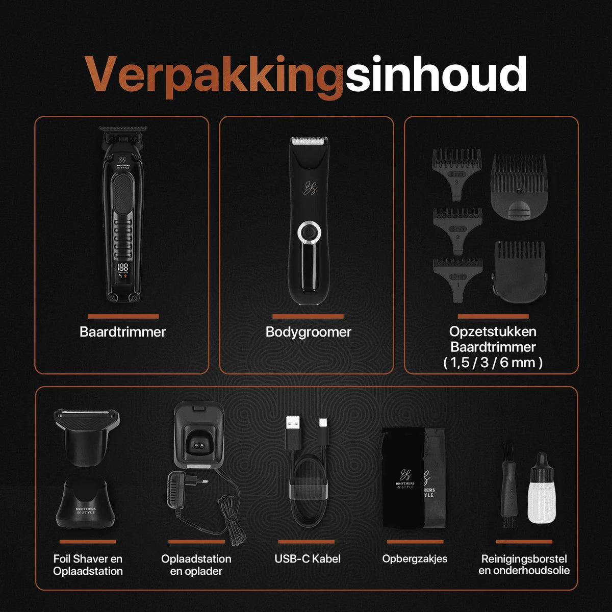 Baardtrimmer en bodygroomer met opzetstukken, laadstations en onderhoudsaccessoires