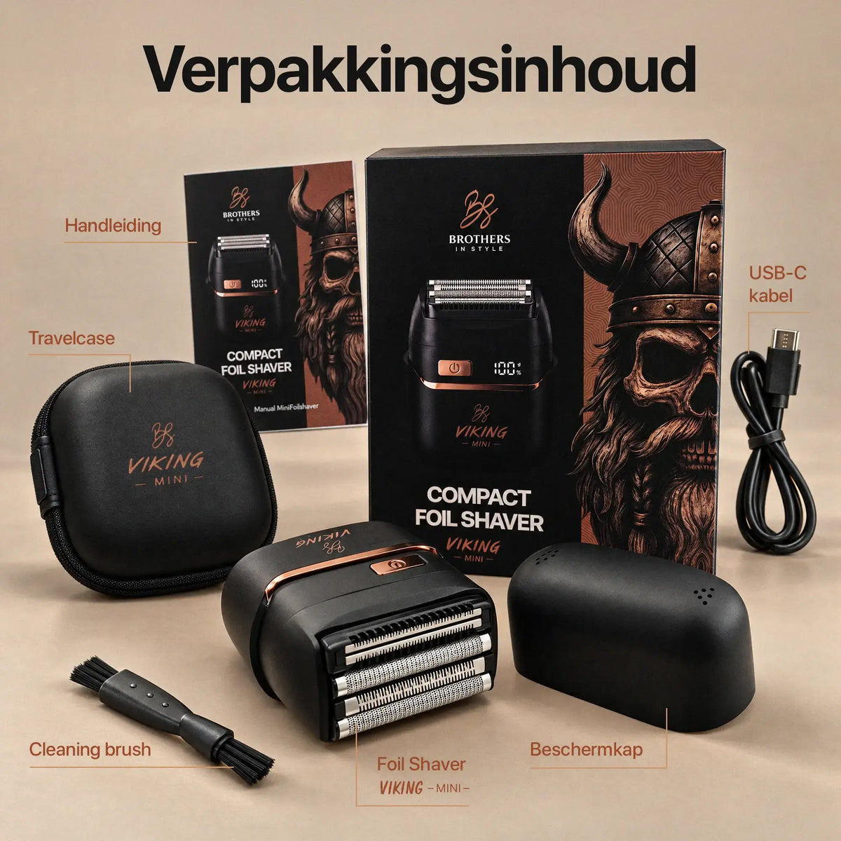 Verpakkingsinhoud: shaver, travelcase, beschermkap, USB-C kabel, borstel en handleiding