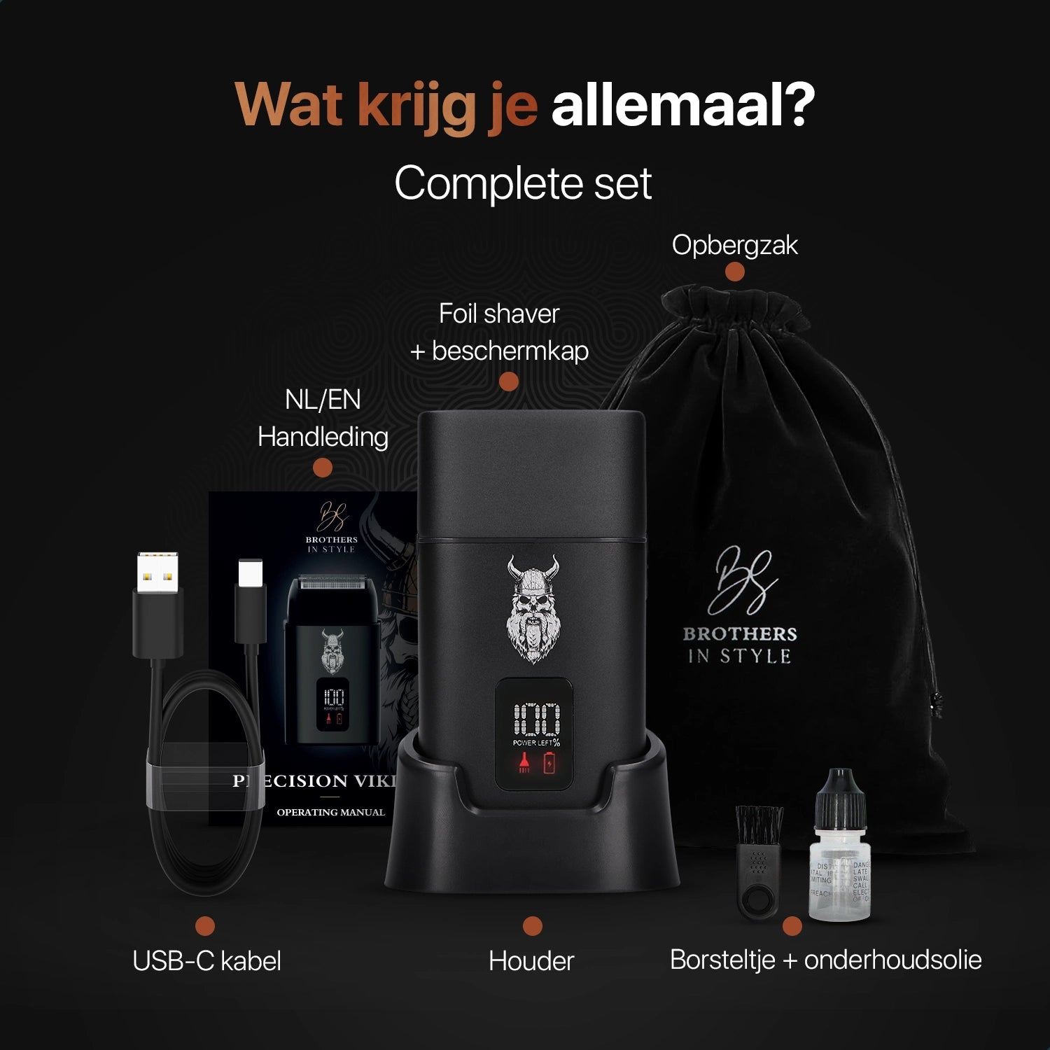 Foil Shaver complete set with charging stand, accessories and storage pouch.