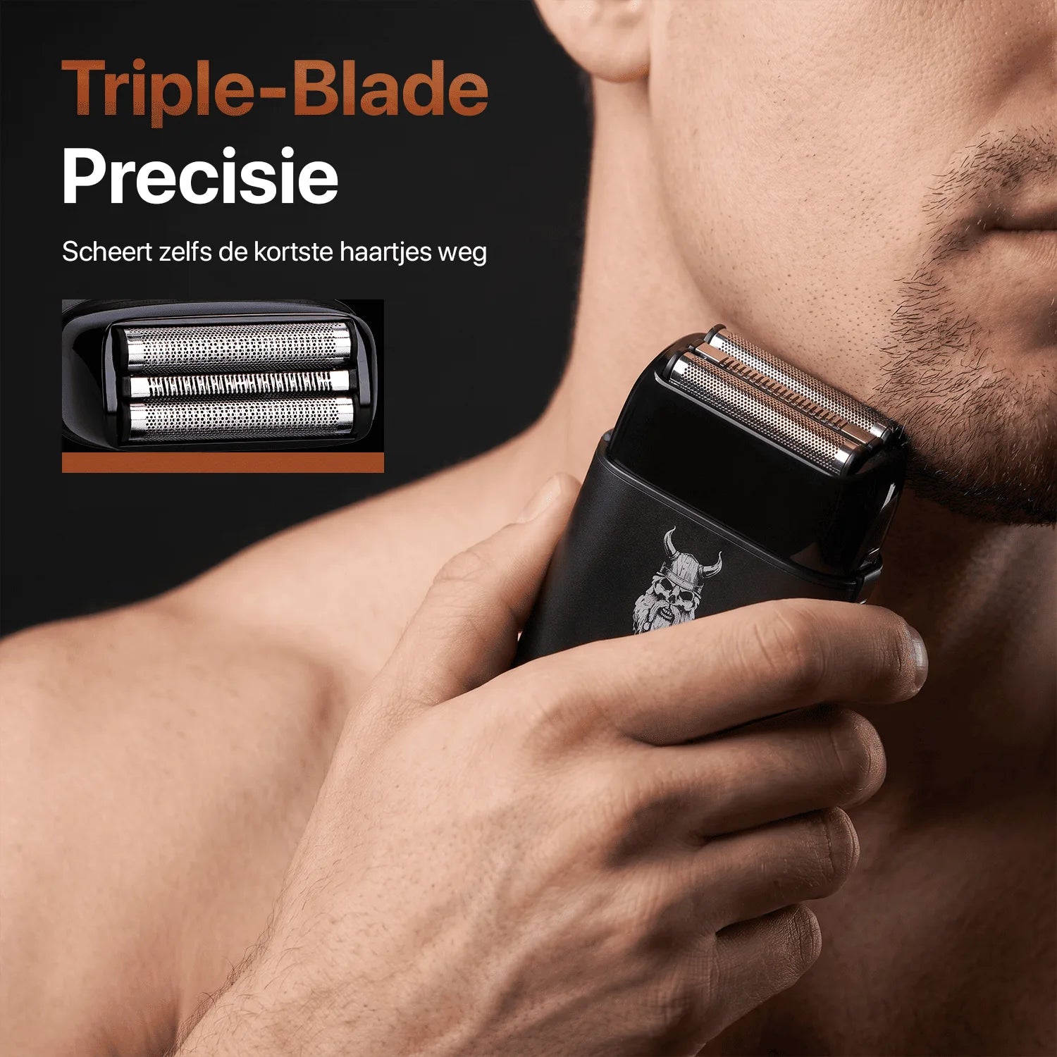 Foil shaver with three shaving foils for precise facial shaving.