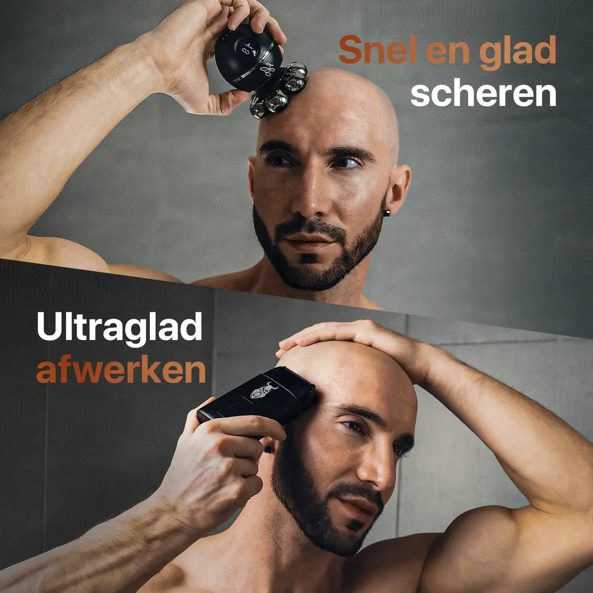 Man scheert zijn hoofd kaal met Skull Master en Foil Shaver