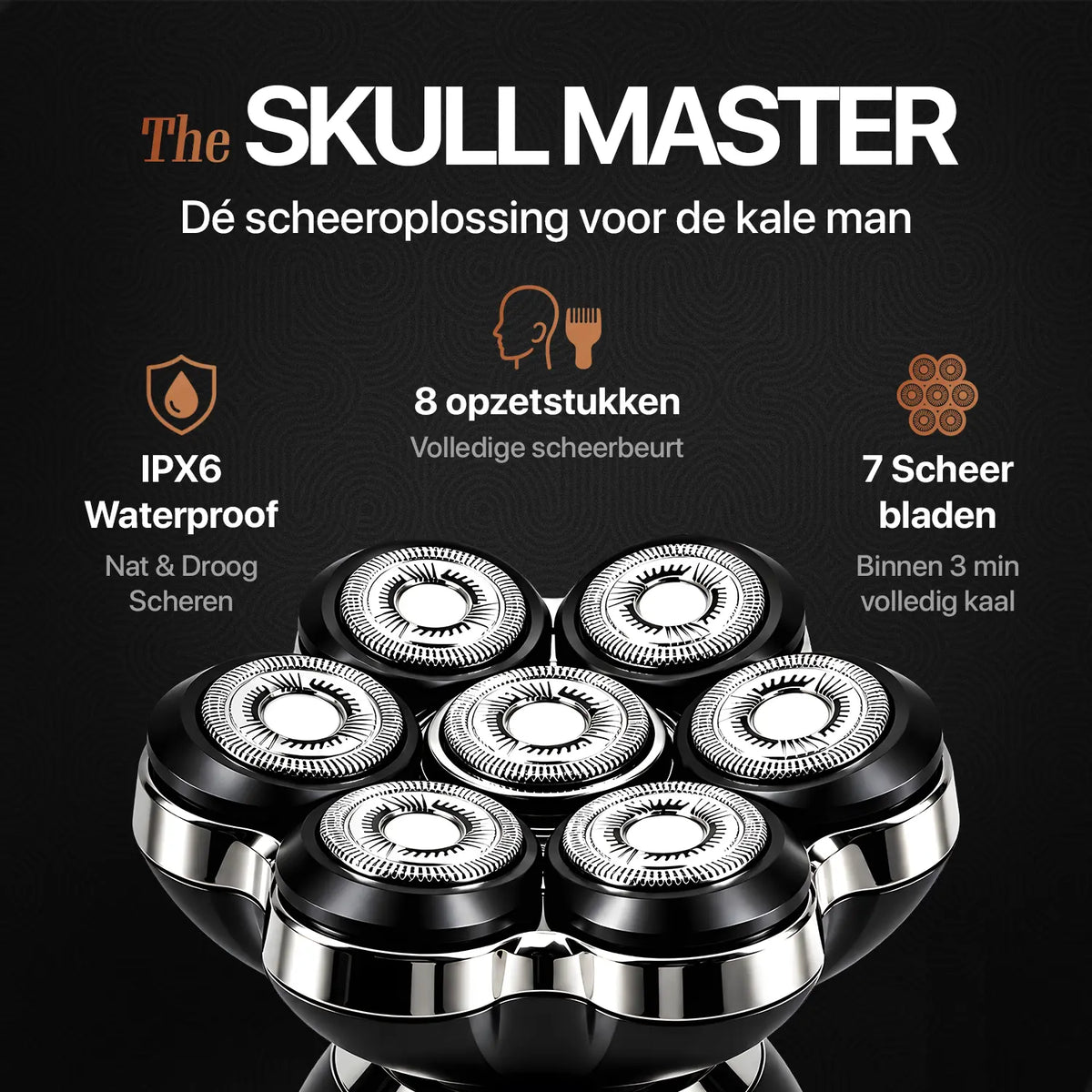 Skull Master Pro met zeven scheerkoppen voor nat en droog scheren.
