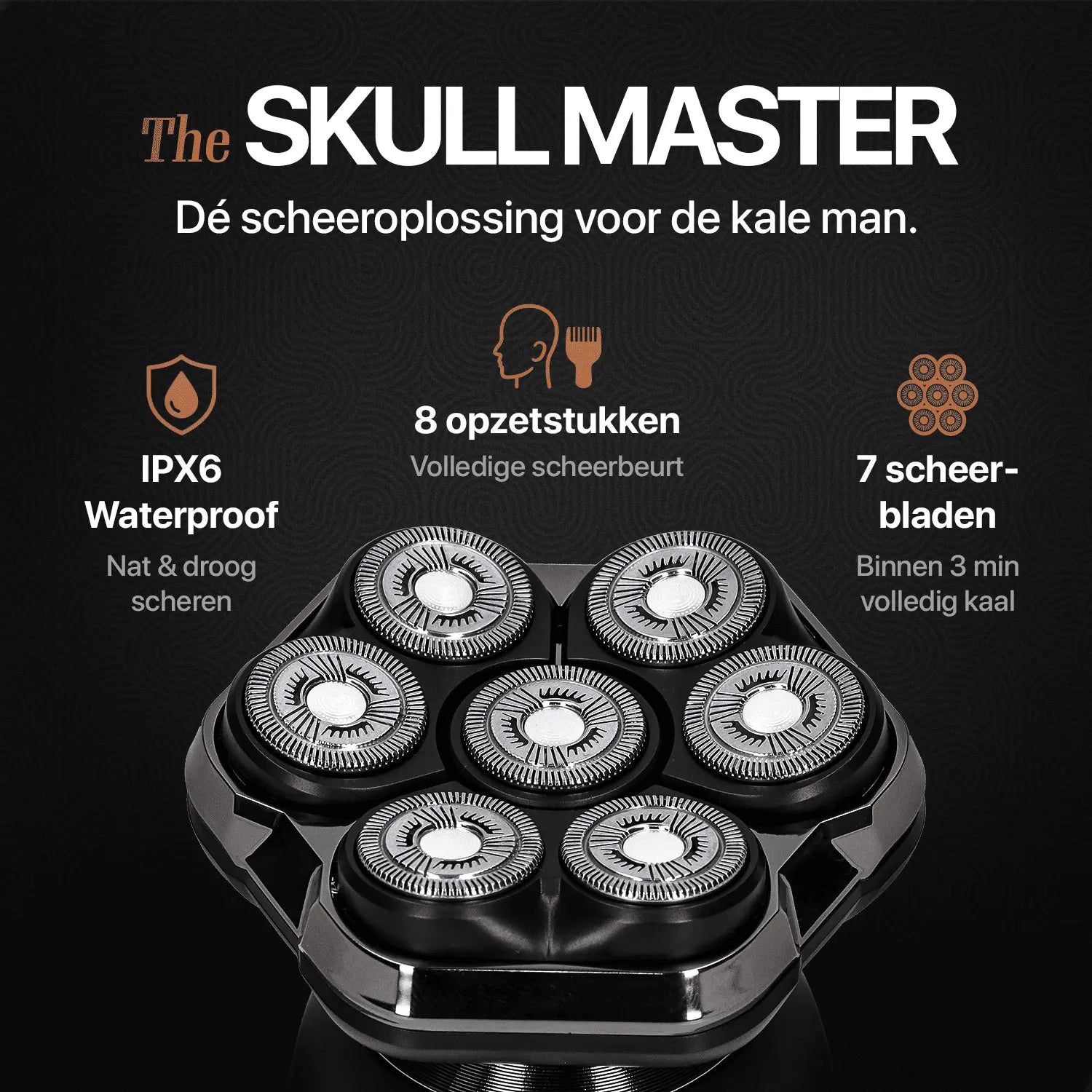 Skull Master Pro mit sieben rotierenden Scherköpfen für eine glatte Rasur