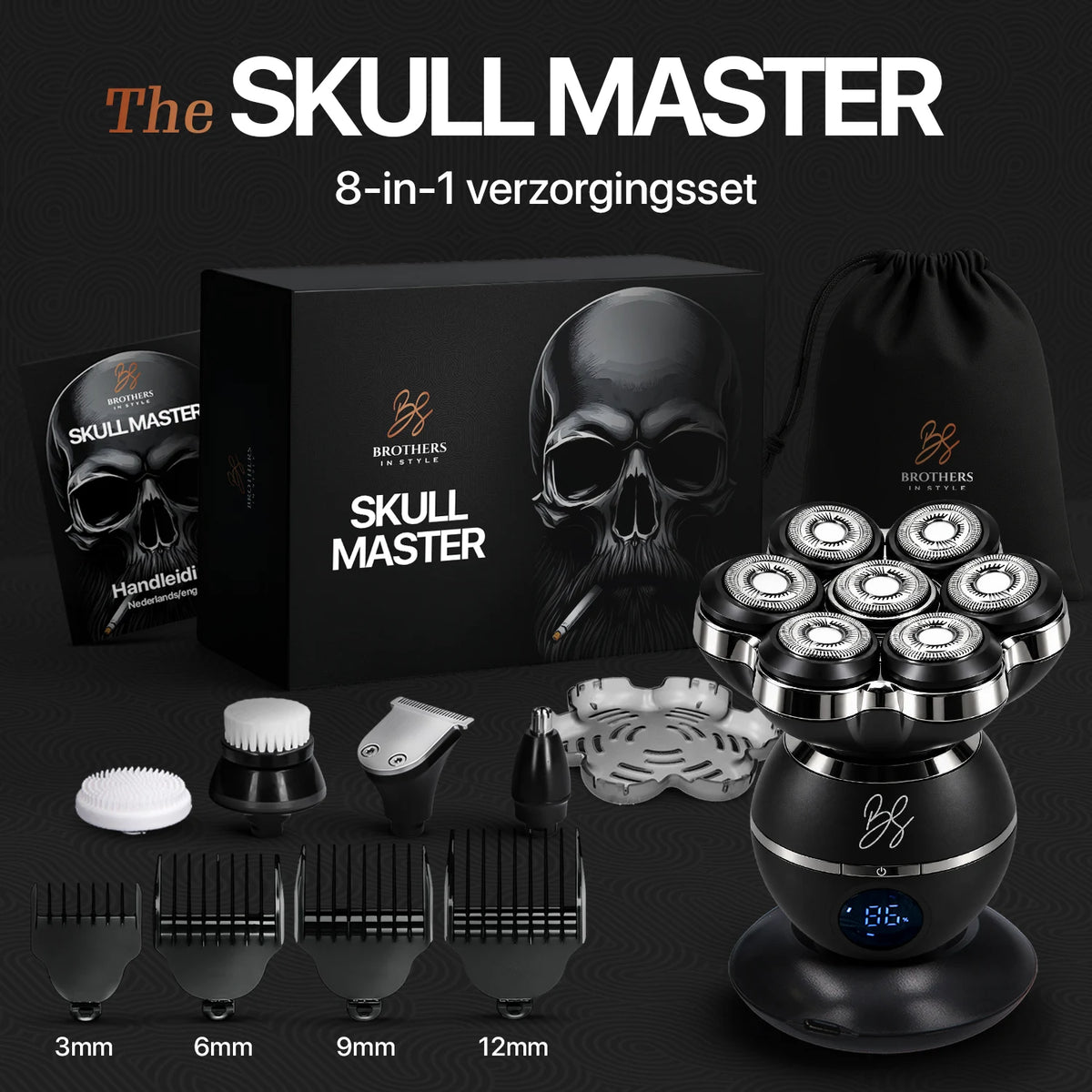 Skull Master Pro 8-in-1 verzorgingsset met trimmer en opzetstukken.