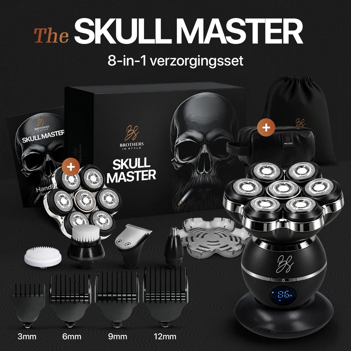 Skull Master Pro 8-in-1-Pflegeset mit Trimmer und Aufsätzen.