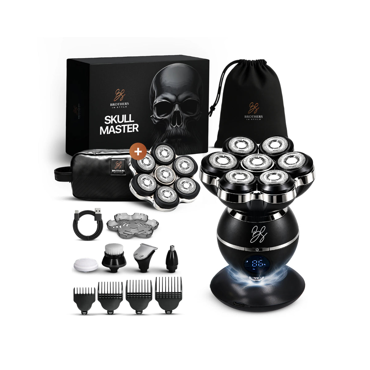 Skull Master Pro complete set met extra scheerkop, toilettas en accessoires.