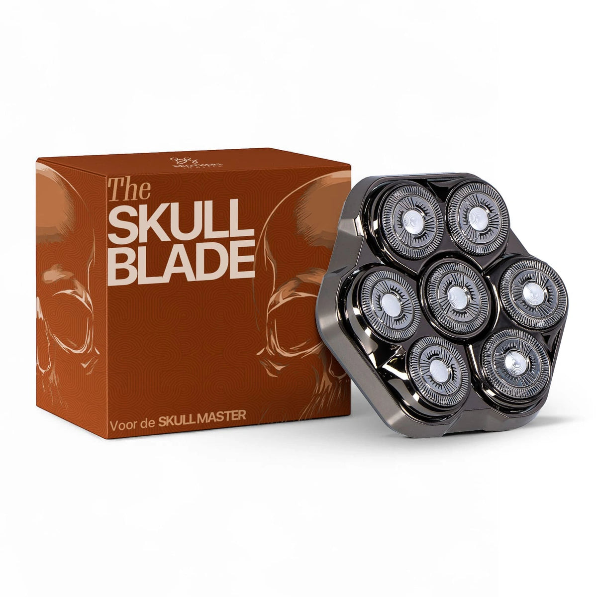 Skull Master Pro scheerkop met zeven bladen naast verpakking