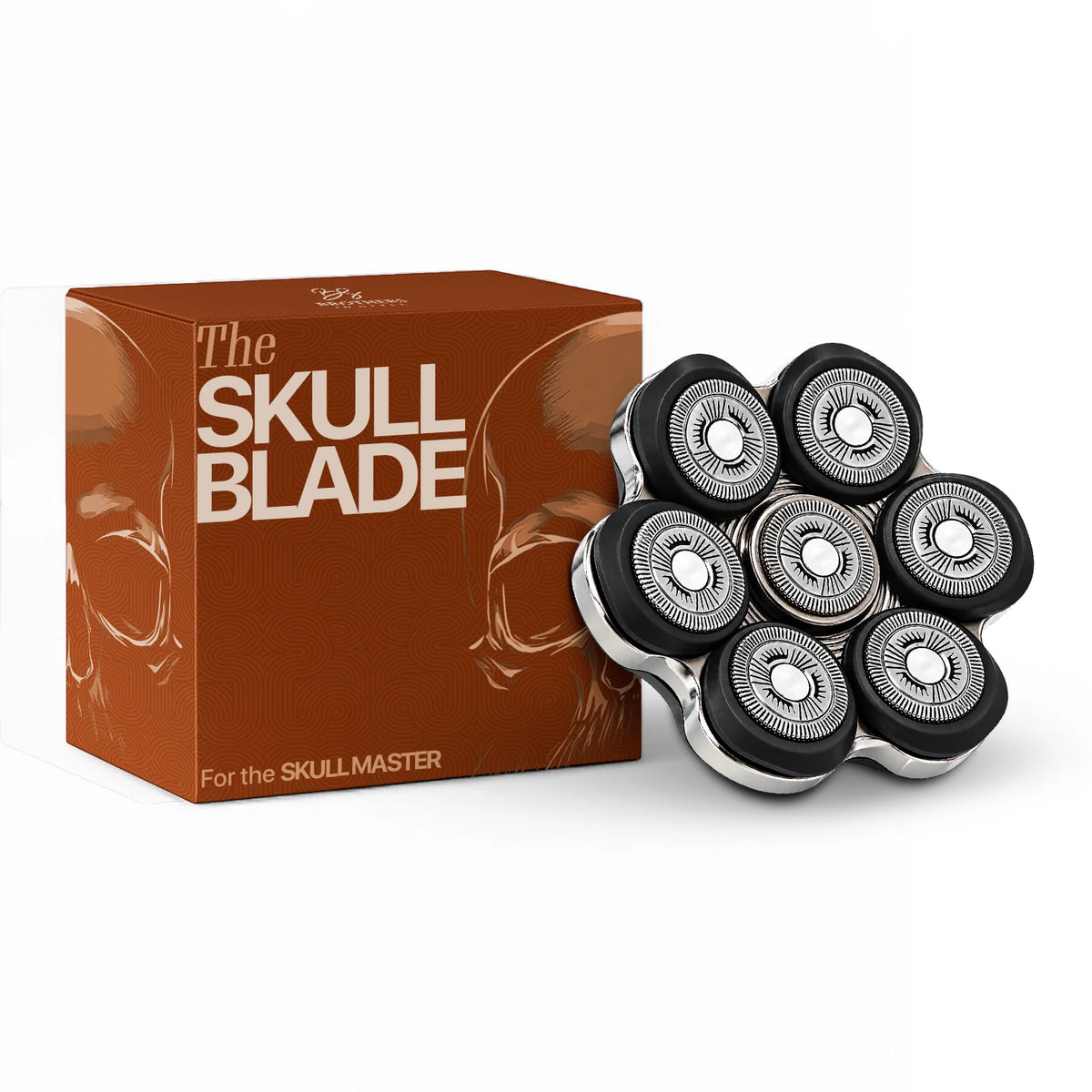 Magnetische Skull Master Pro scheerkop met zeven bladen en verpakking.