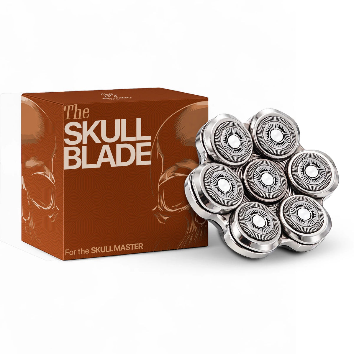 Magnetische Skull Master Pro scheerkop met zeven zilveren scheerbladen.