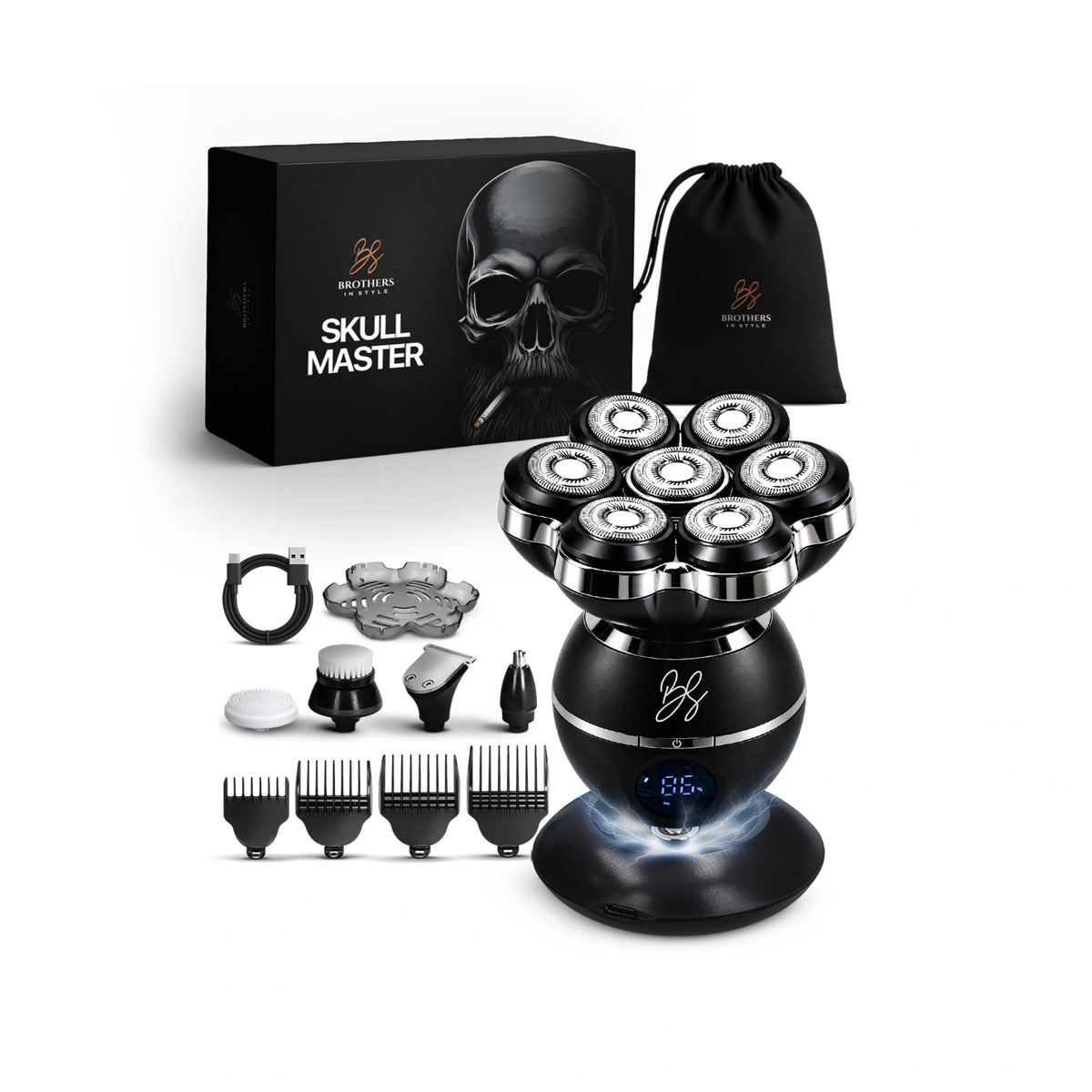 Skull Master Pro starter kit met scheerkop, opzetstukken en accessoires.