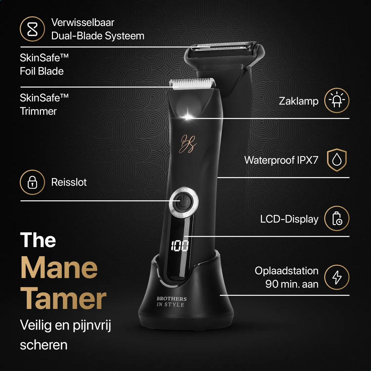 Bodygroomer met verwisselbare messen, zaklamp, LCD-display en oplaadstation