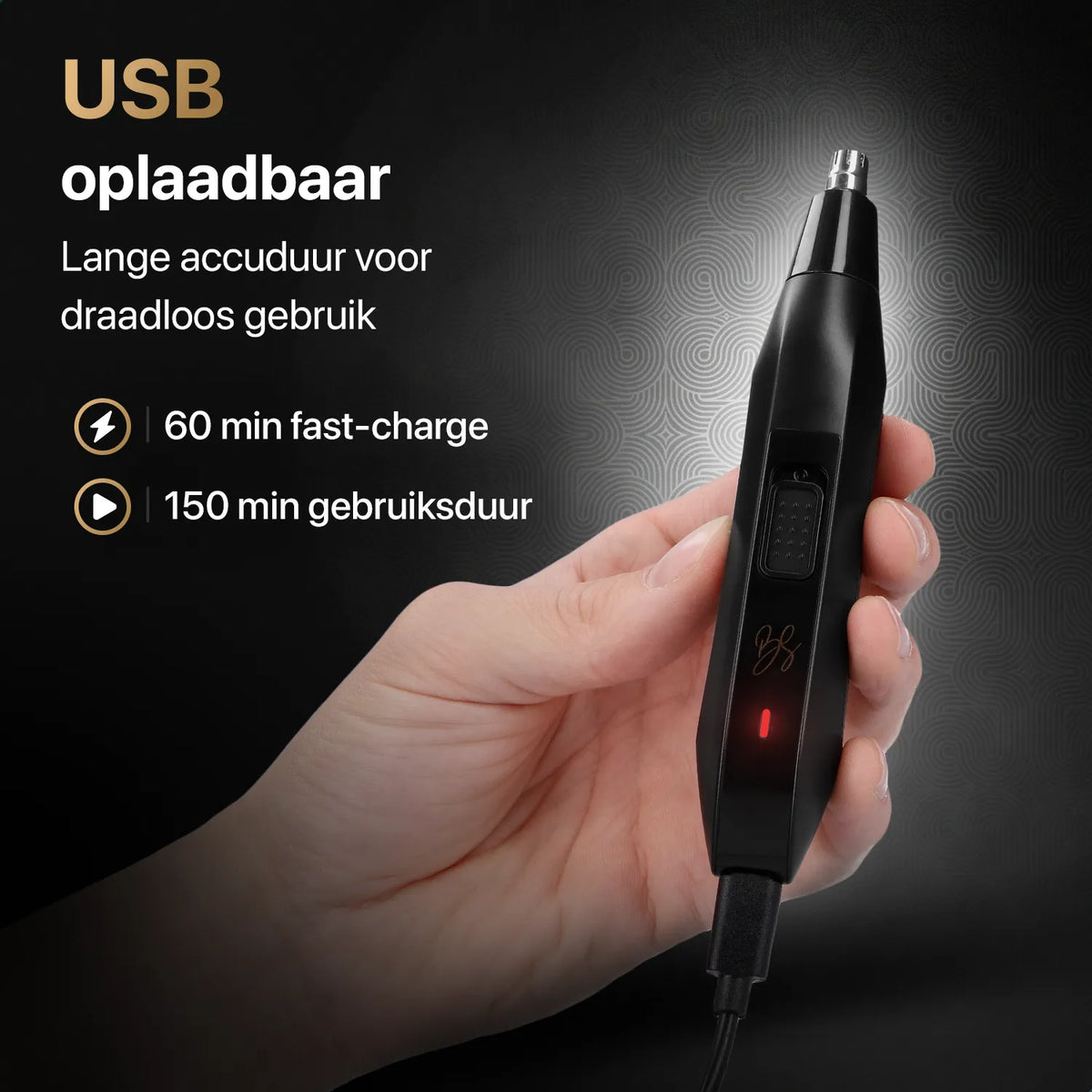 Complete neustrimmer set met USB-kabel, schoonmaakborstel en verpakking