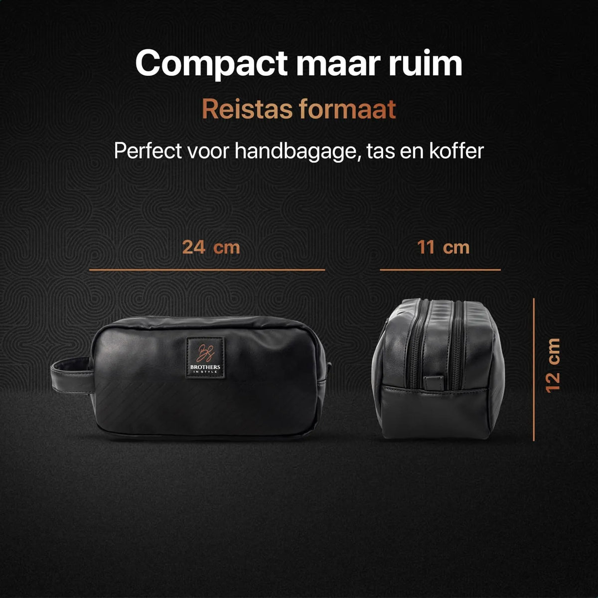 Compacte toilettas met afmetingen van 24 bij 12 bij 11 cm