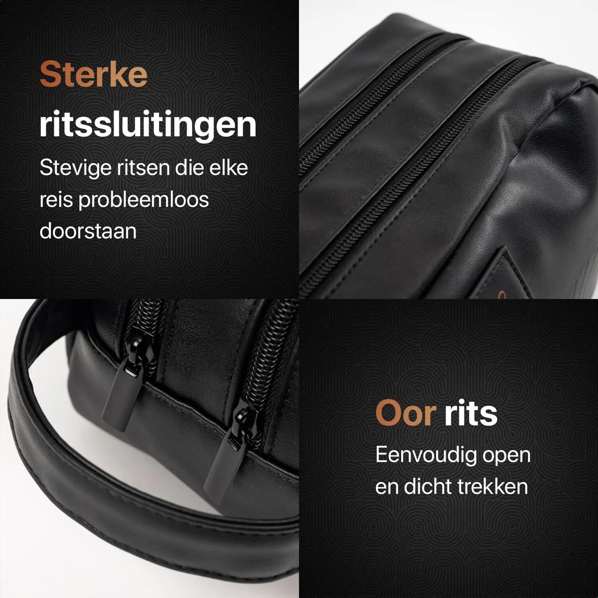 Toilettas met twee stevige ritssluitingen en grote ritstrekkers