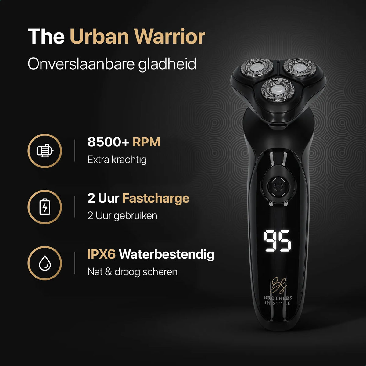 Urban Warrior scheerapparaat met 8500 RPM, fastcharge en IPX6 waterbestendigheid.