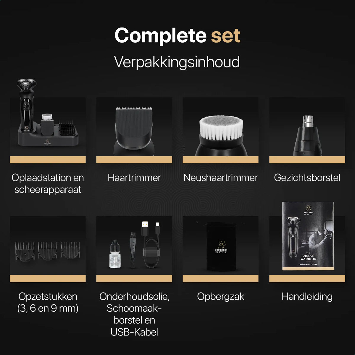 Complete Urban Warrior scheerapparaat set met opzetstukken en accessoires.
