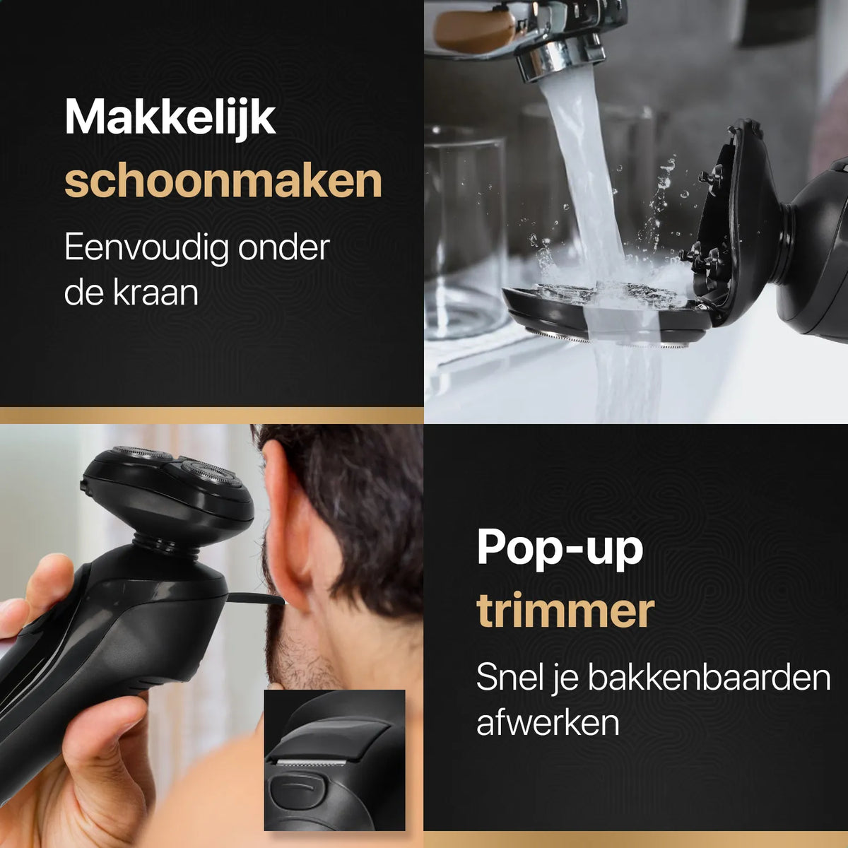 Urban Warrior scheerapparaat onder kraan met uitklapbare precisietrimmer.