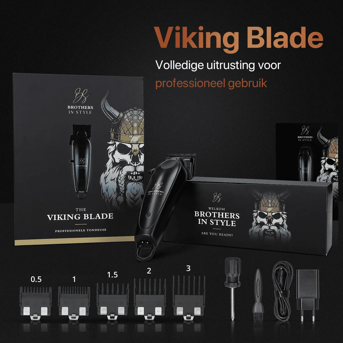 Viking Blade tondeuse met opzetkammen, reinigingsaccessoires en oplaadsnoer.