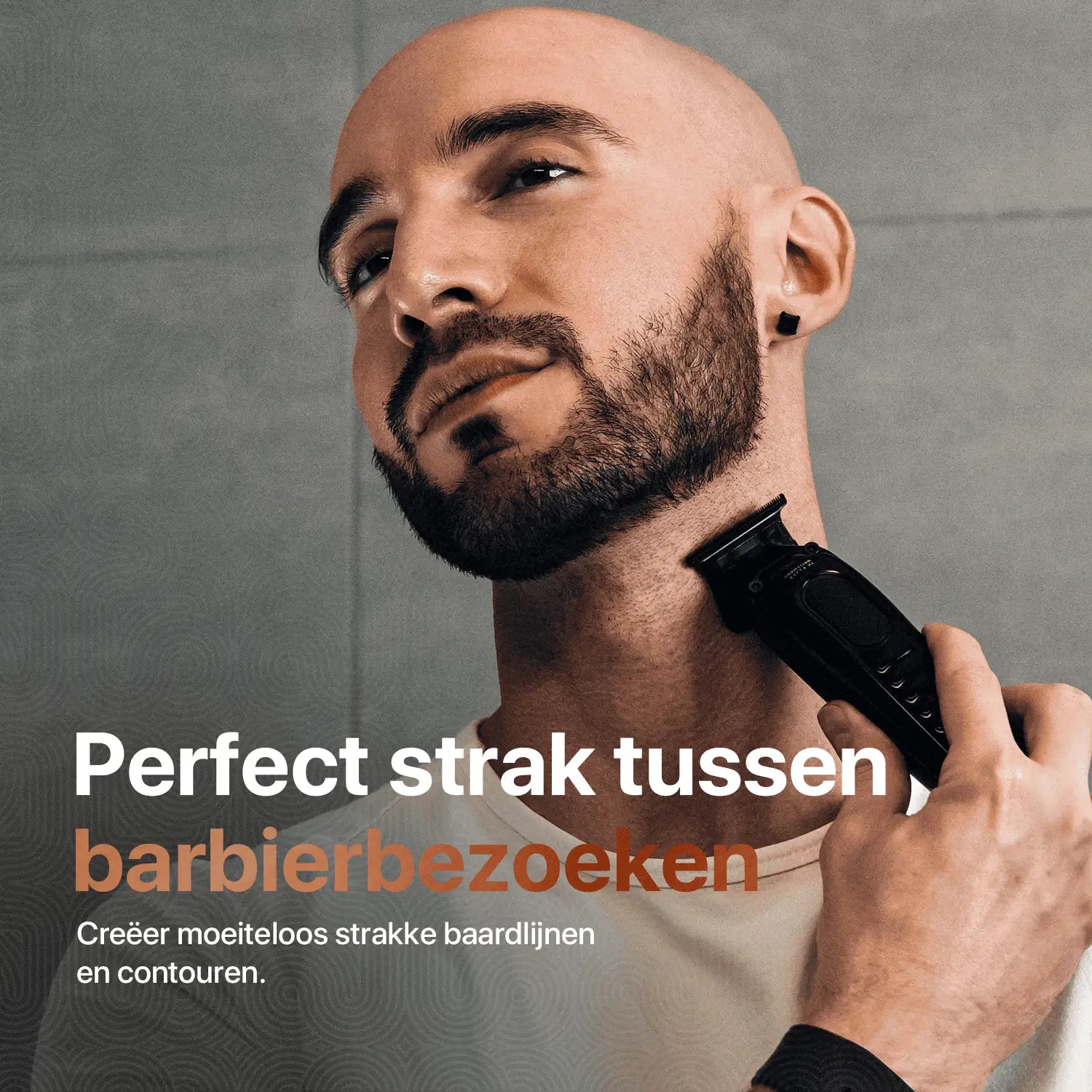 A man neatly trims his beard contours with the beard trimmer