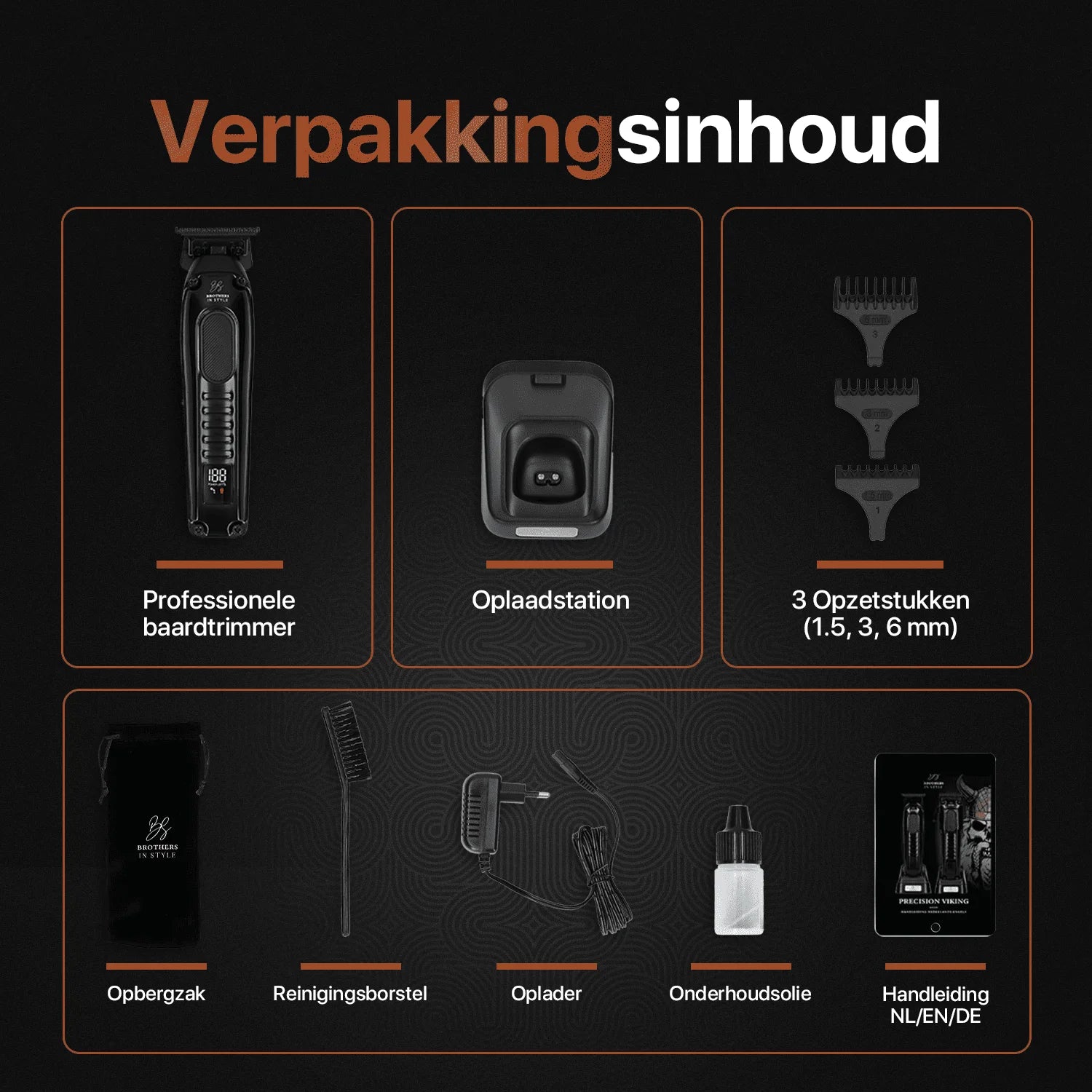 Beard trimmer with charging stand, three attachments, and included accessories