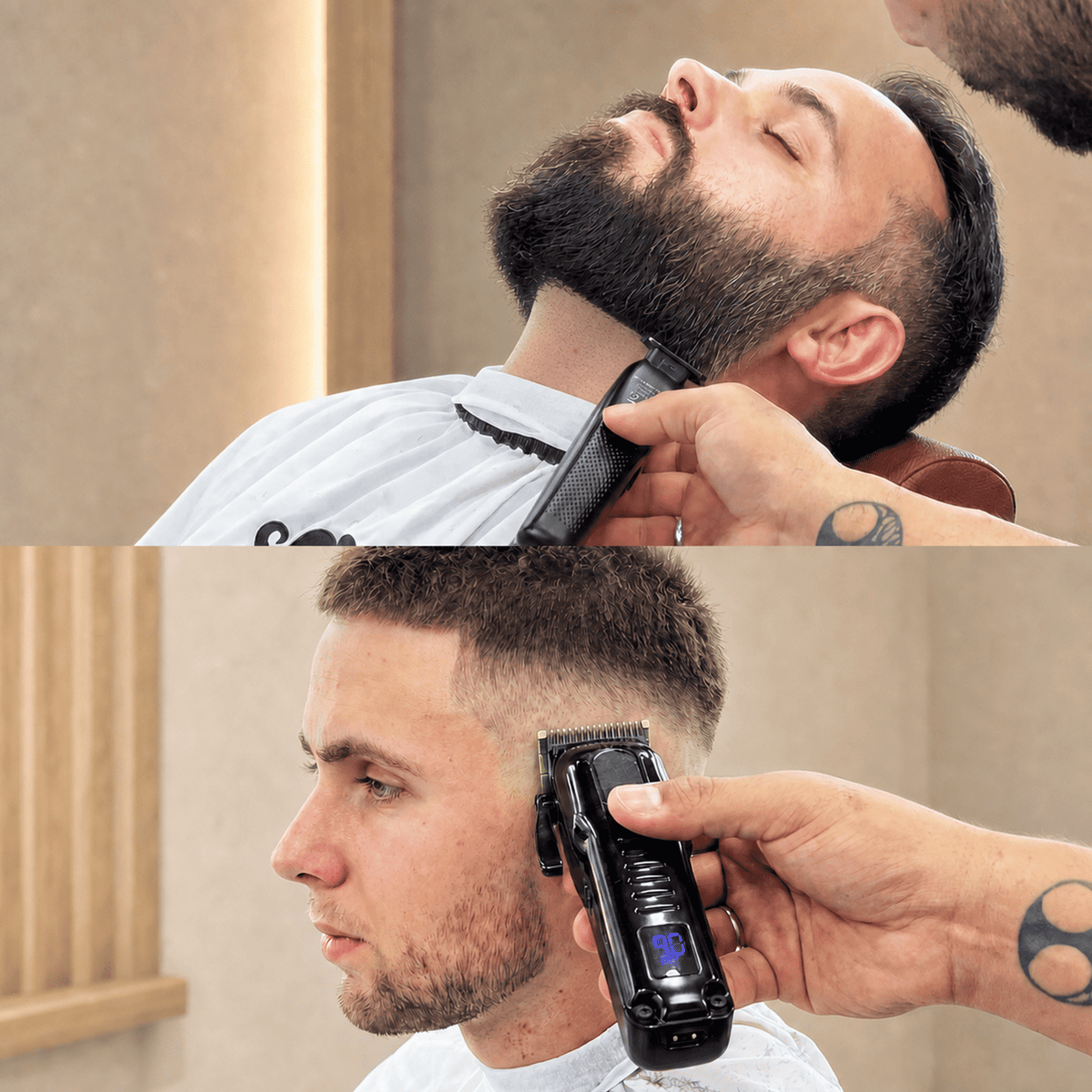 Der Barbier verwendet Haarschneidemaschine und Barttrimmer für Fade und Bartkonturen