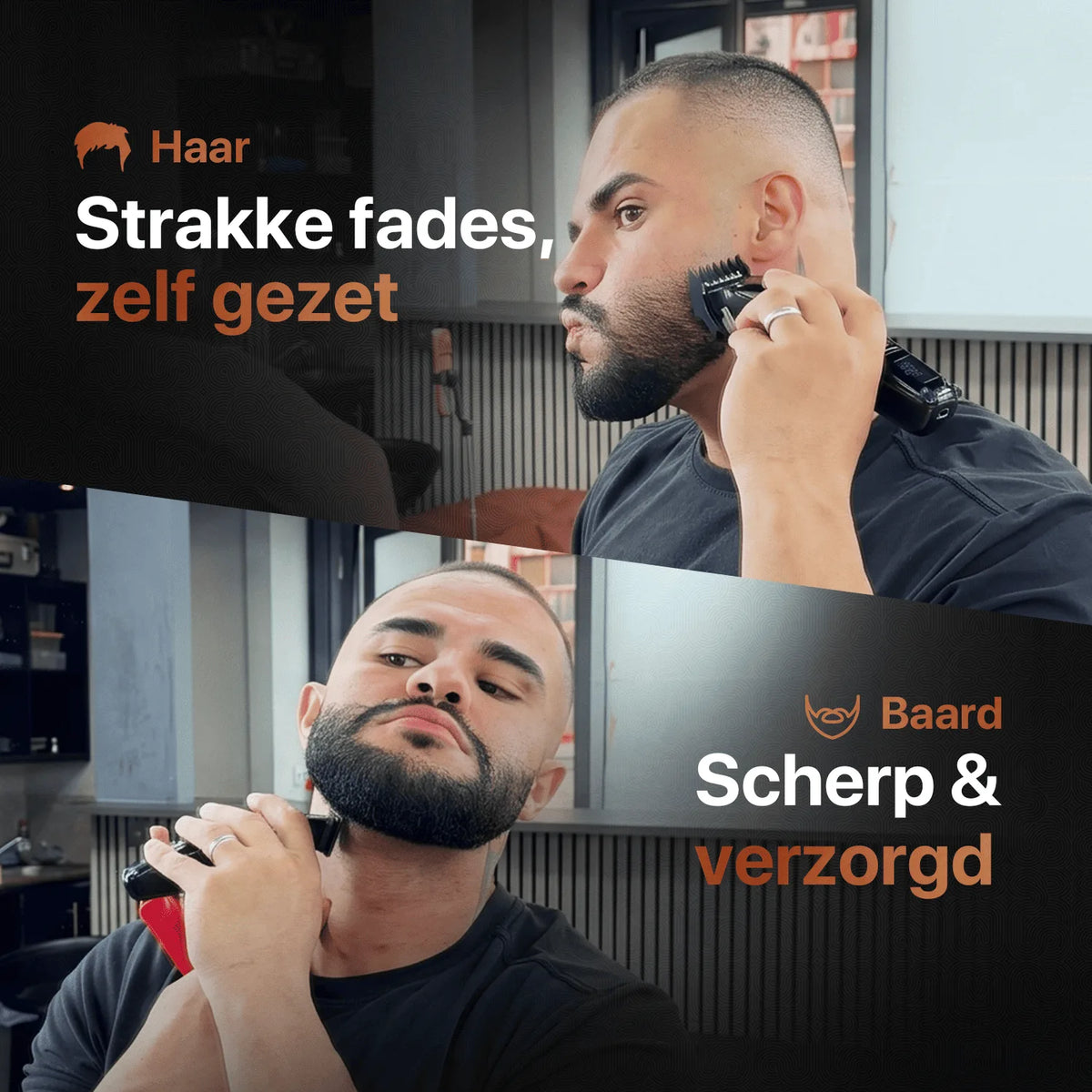 Man maakt zelf een fade en trimt zijn baard strak