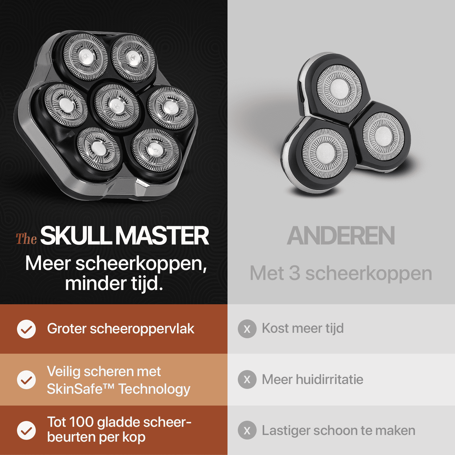 Skull Master mit 7 Scherköpfen im Vergleich zu einem Gerät mit 3 Scherköpfen