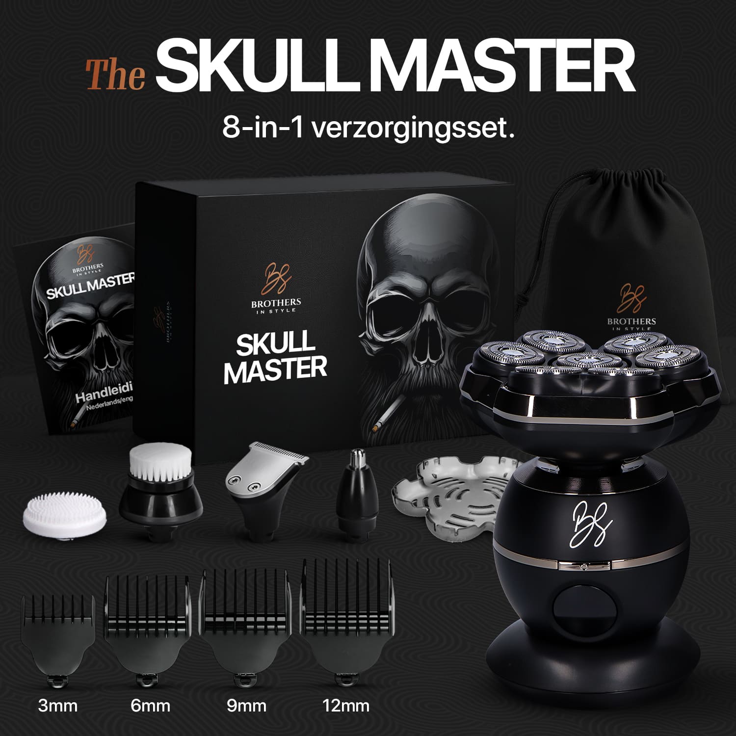 Inhalt des Skull Master 8-in-1-Sets mit Zubehör und Aufsteckkämmen